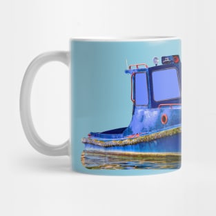 A Blue boat with shark jaws painted on its bow Mug